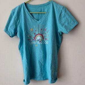 Life Is Good Turquoise Rainbow & Floral V-Neck Tee